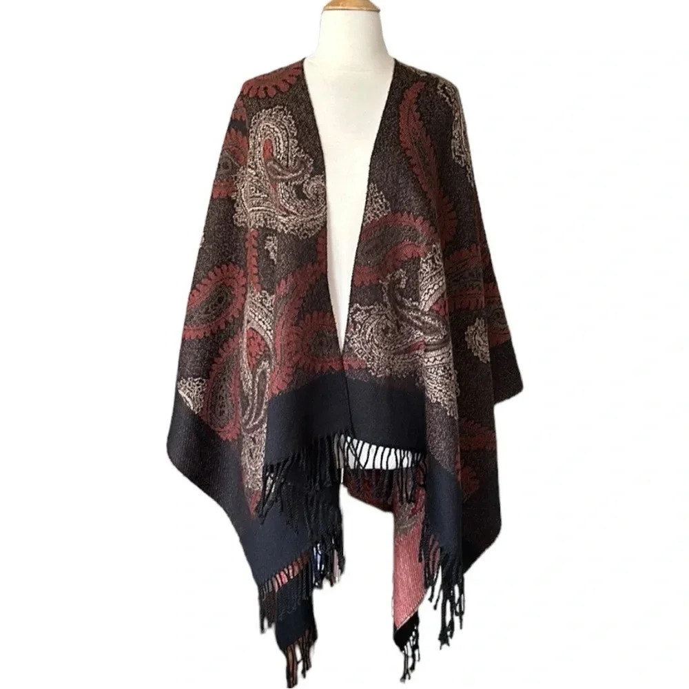 ESPRIT Knit Blanket Wrap Cape Paisley Fringe Bohemian Cozy Layer‎ Earth Tone OS